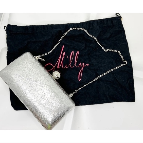 Milly Silver Foiled Hard Clutch Formal Small Chain Shoulder Bag Metallic - Picture 1 of 13